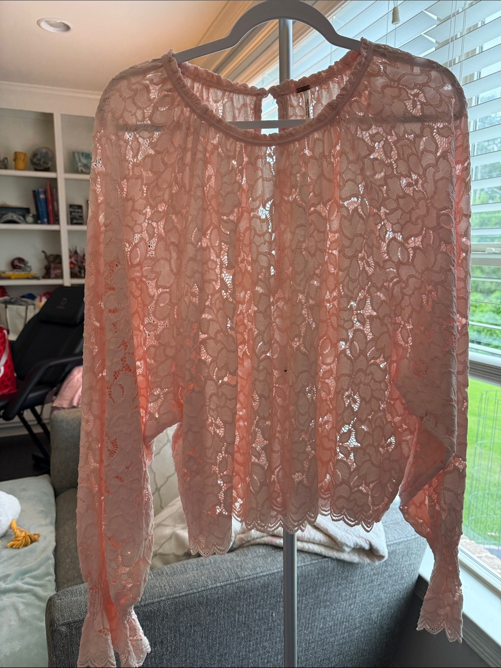 Free People Sheer Floral Lace Long-Sleeve Top - Blush Pink